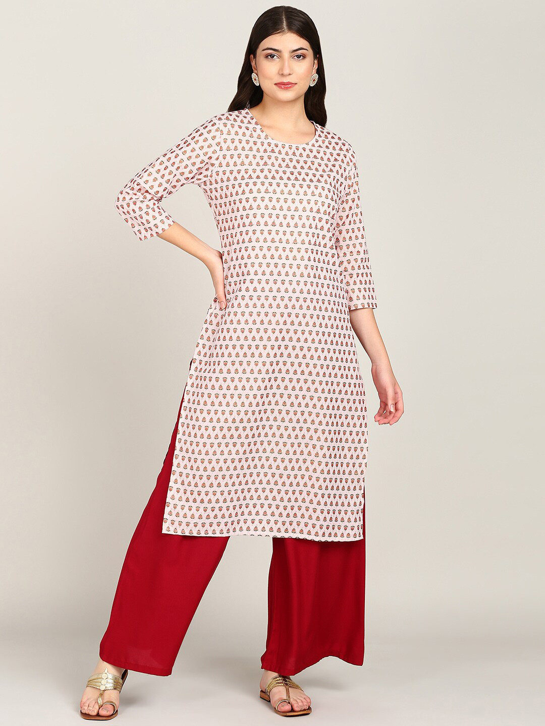 

HERE&NOW Floral Printed Sequins Detail Pure Cotton Straight Kurta, Pink
