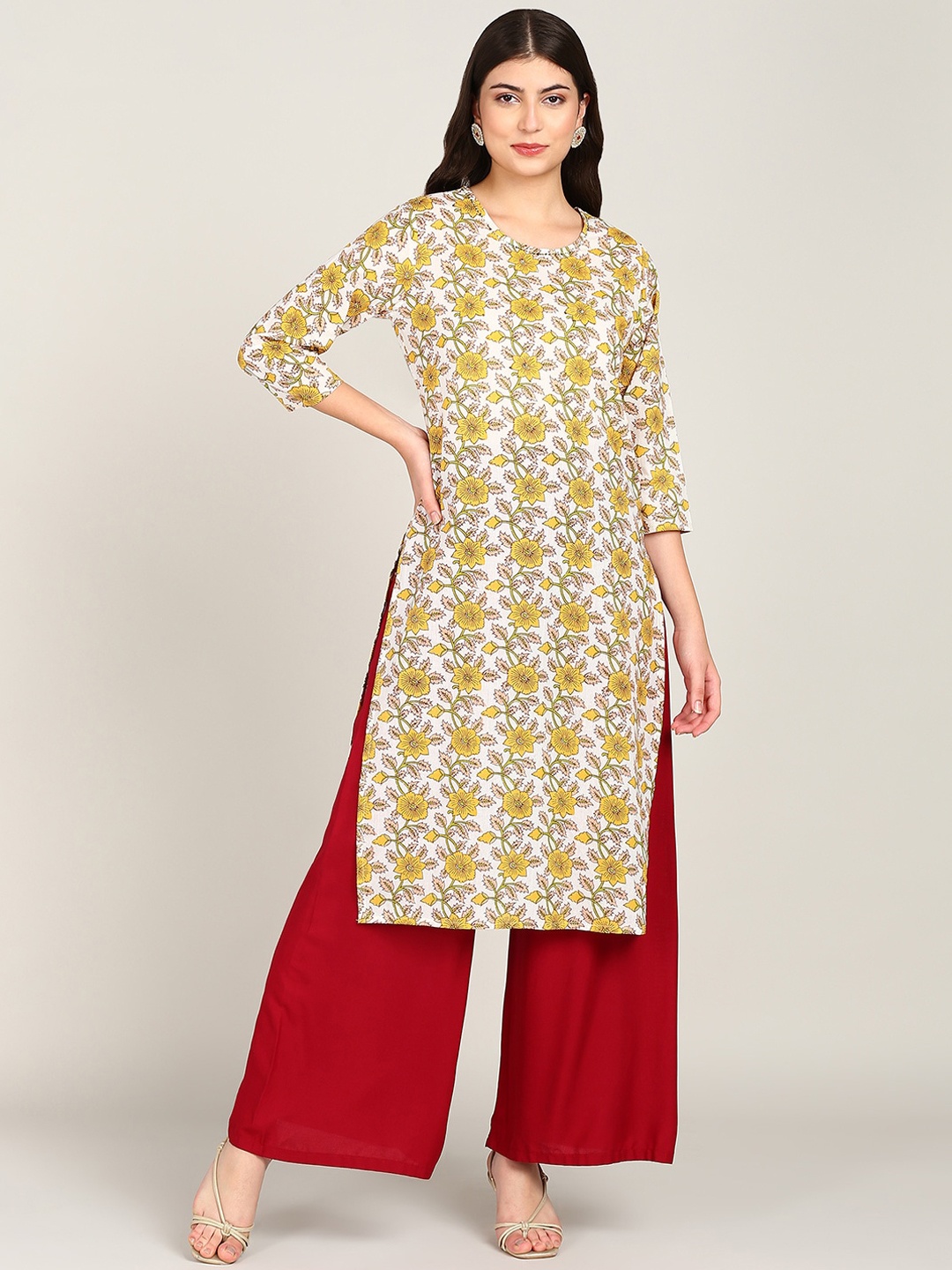 

HERE&NOW Floral Printed Sequins Detail Pure Cotton Straight Kurta, White