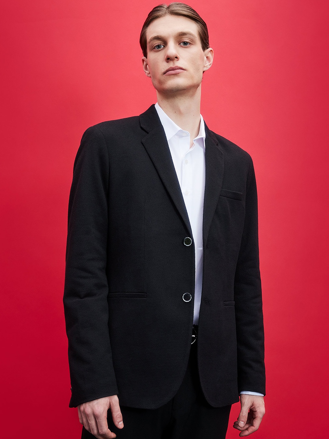 

DeFacto Self Design Single-Breasted Casual Blazer, Black