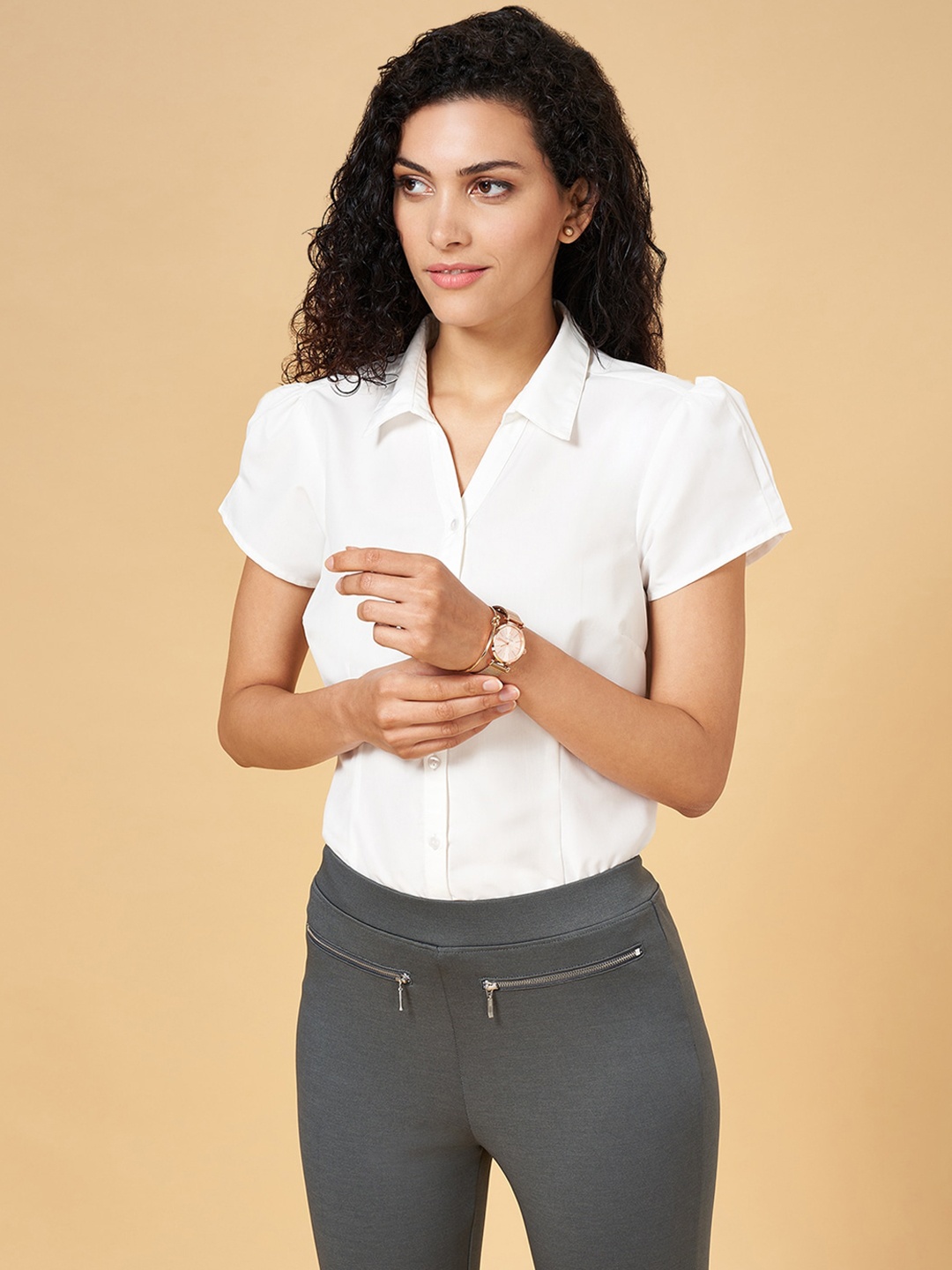 

YU by Pantaloons Puff Sleeves Formal Shirt Style Top, White