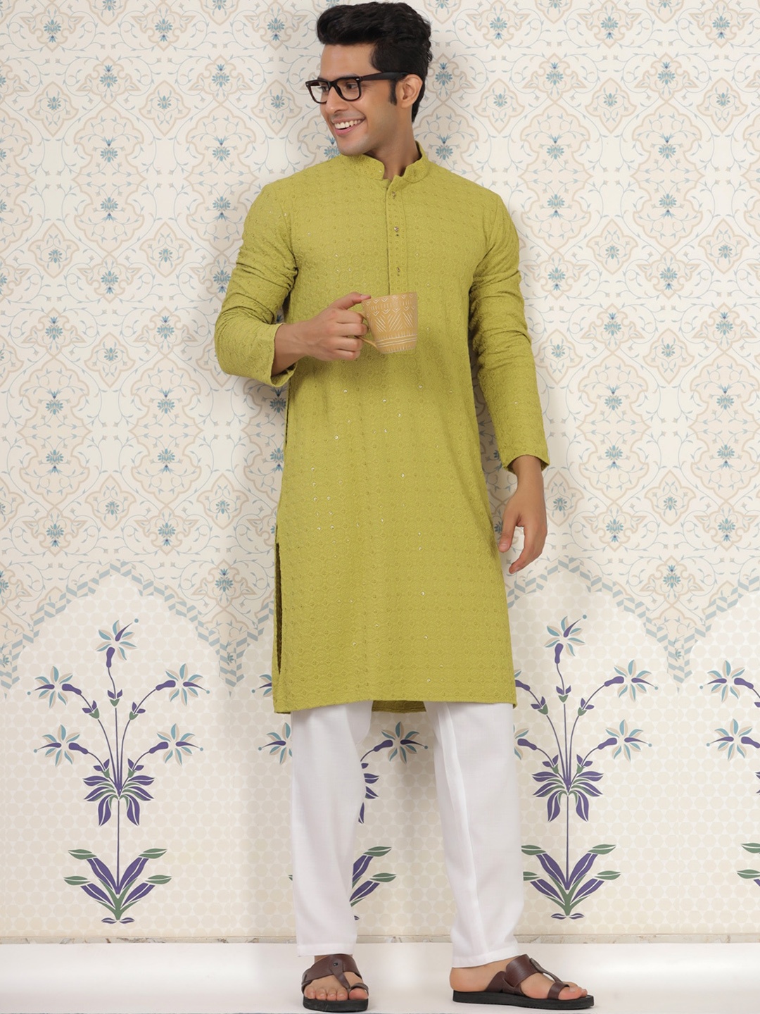 

House of Pataudi Woven Design Mandarin Collar Chikankari Straight Kurta, Green