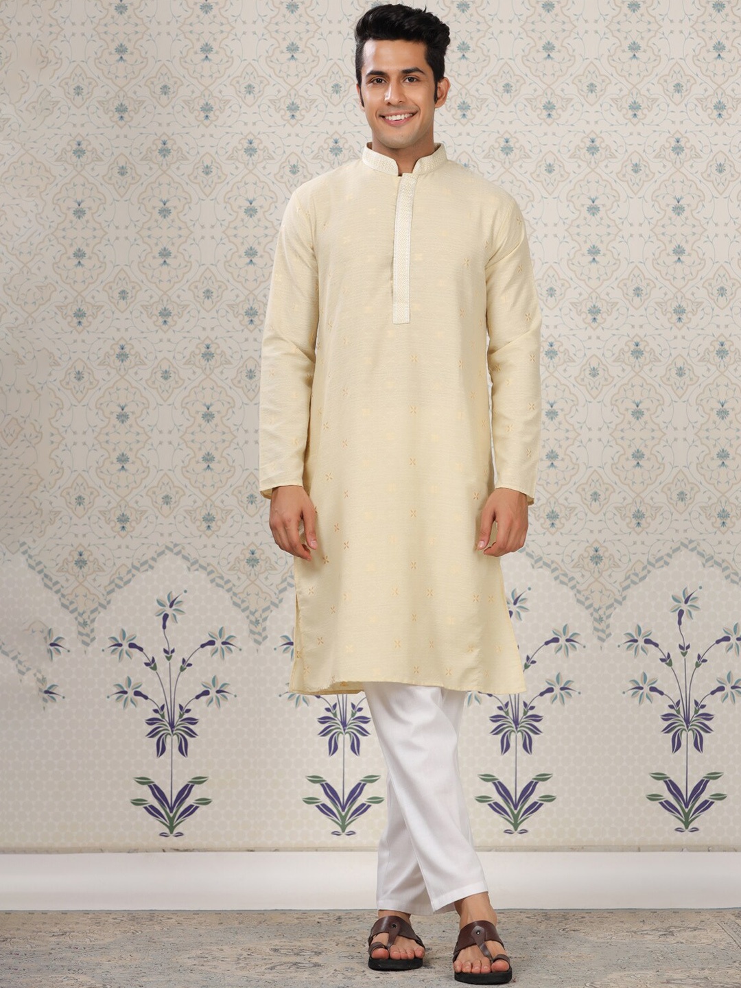 

House of Pataudi Ethnic Motifs Woven Design Mandarin Collar Straight Kurta, Cream