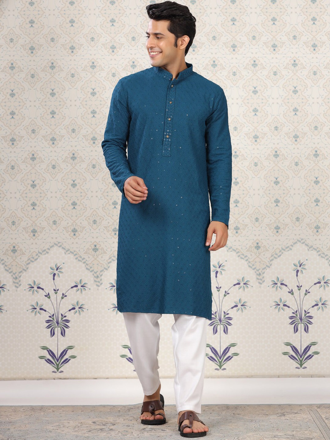 

House of Pataudi Ethnic Motifs Embroidered Sequinned Detail Mandarin Collar Straight Kurta, Blue