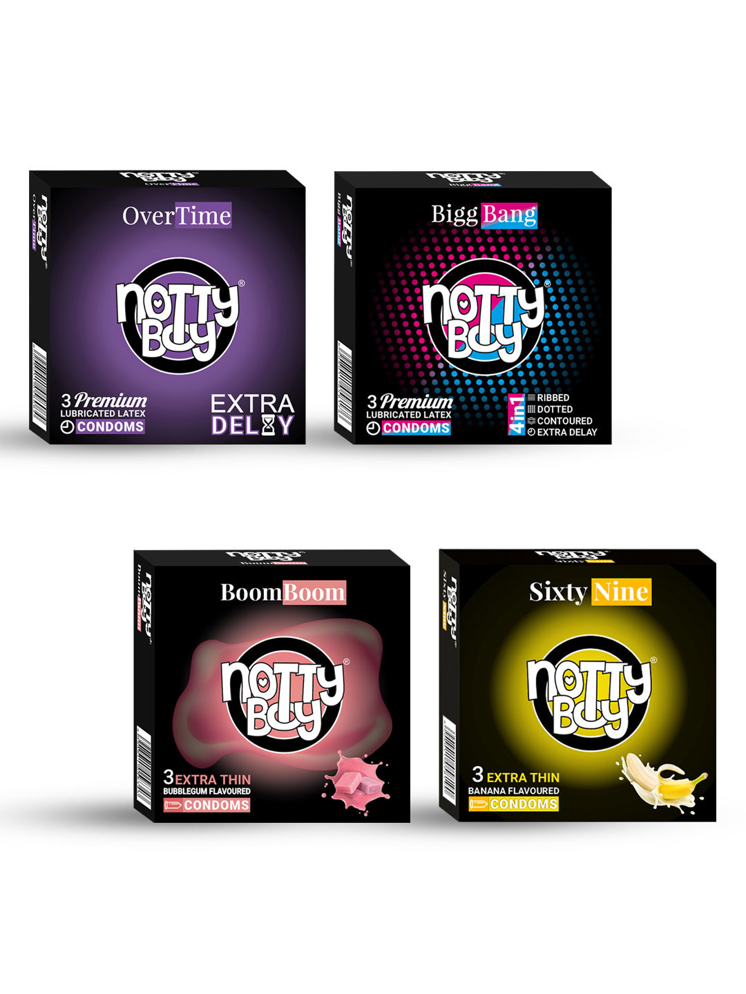 

noTTy Boy Set of 4 Premium Lubricated Latex Condoms - 3 pcs each, Black