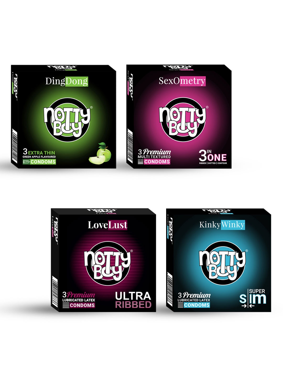 

noTTy Boy Set of 4 Premium Lubricated Latex Condoms - 3 pcs each, Black