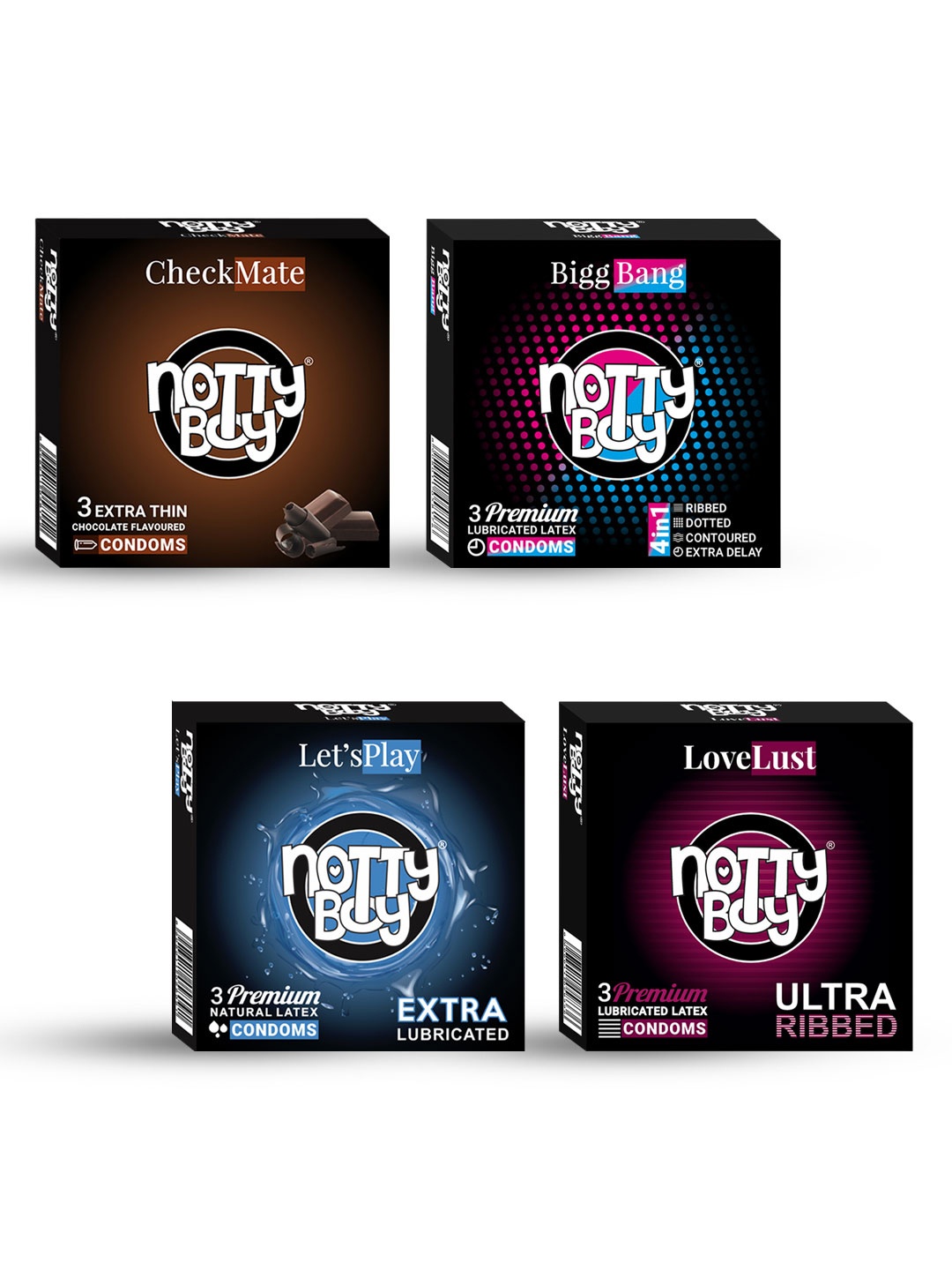 

noTTy Boy Set of 4 Premium Lubricated Latex Condoms - 3 pcs each, Black