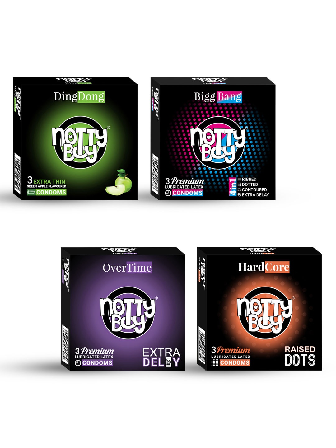 

noTTy Boy Set of 4 Premium Lubricated Latex Condoms - 3 pcs each, Black