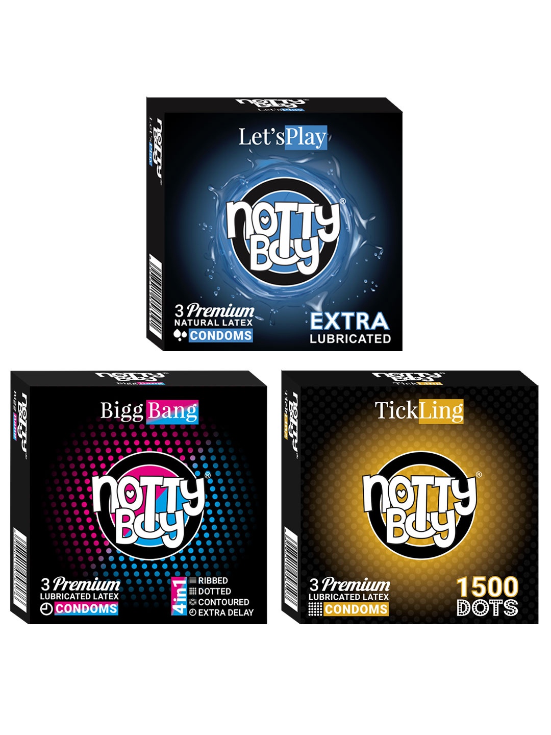 

noTTy Boy Set of 3 Premium Lubricated Latex Condoms - 3 pcs each, Black