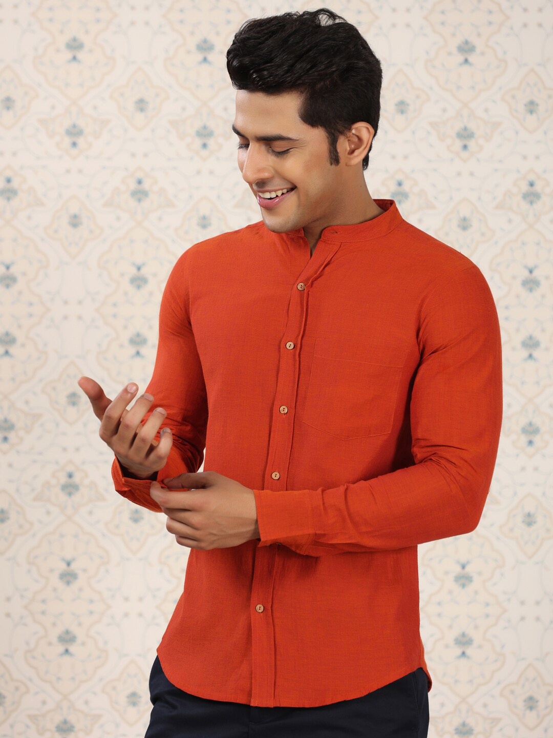 

Ode by House of Pataudi Mandarin Collar Comfort Pure Cotton Casual Shirt, Orange