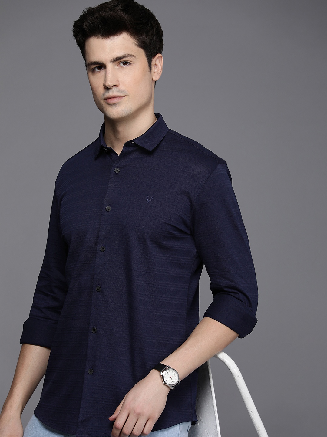 

Allen Solly Pure Cotton Modern Slim Fit Self Striped Casual Shirt, Navy blue