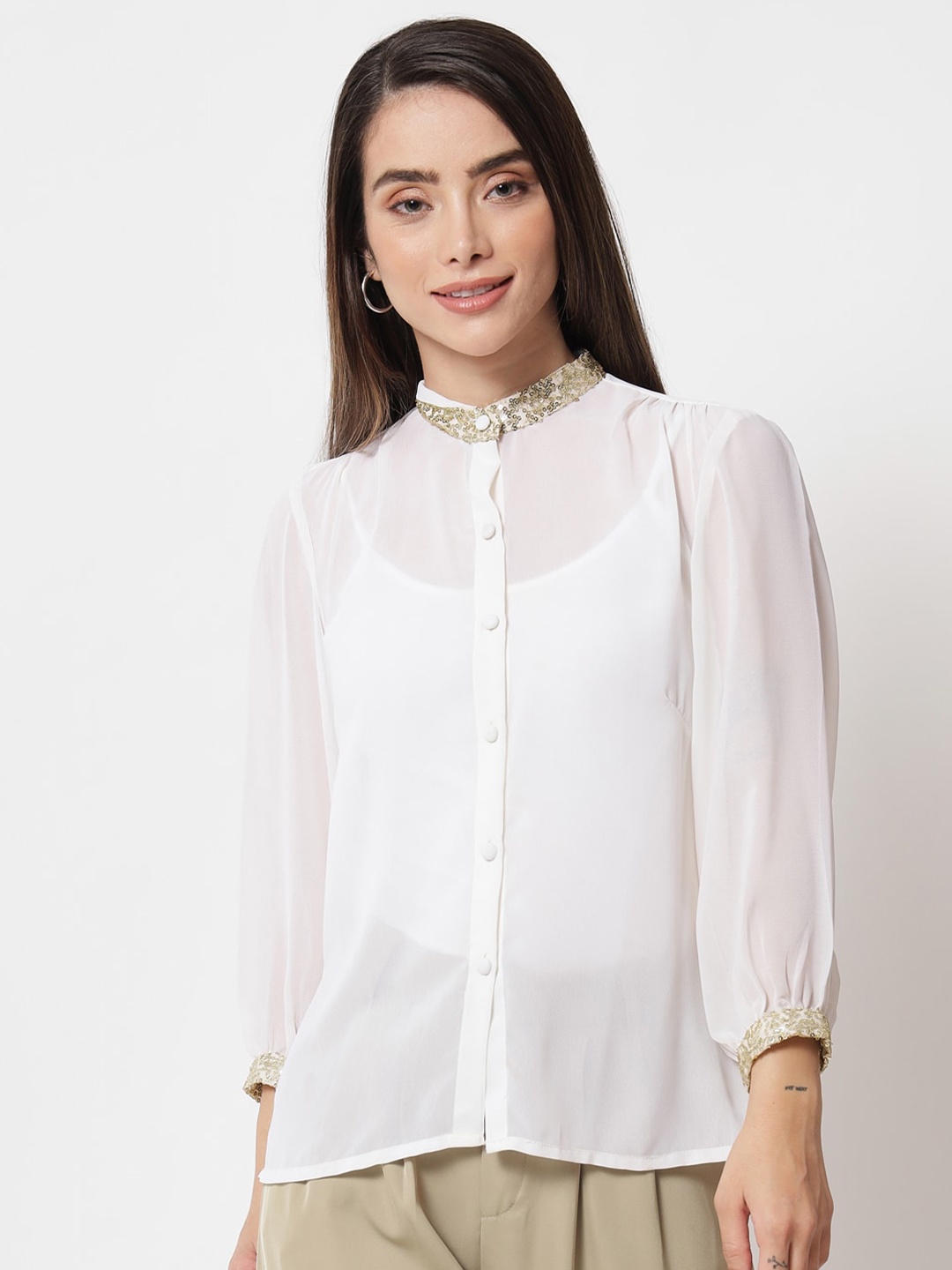 

studio rasa Embellished Mandarin Collar Puff Sleeves Sequined Shirt Style Top, White