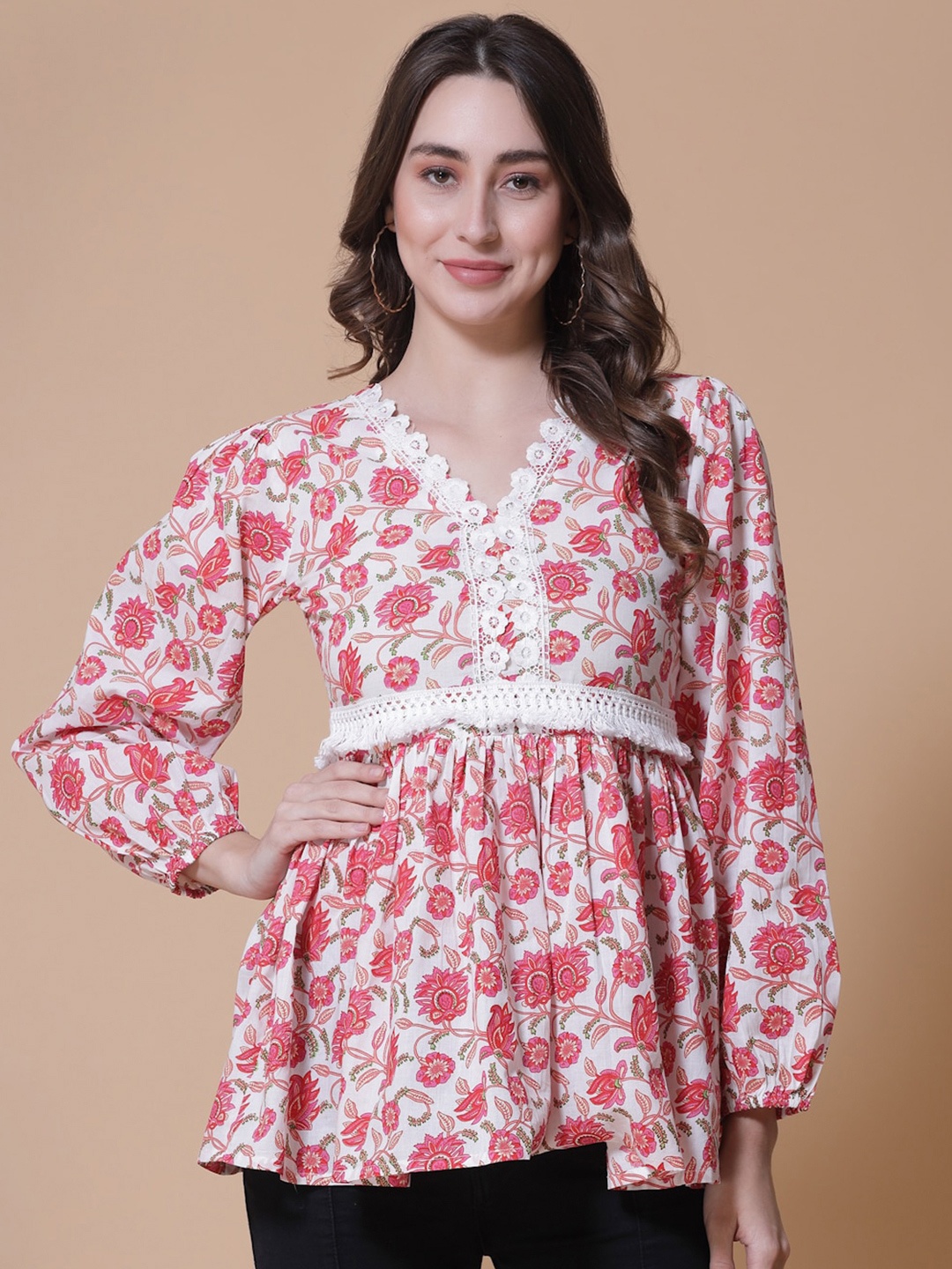 

God Bless Floral Printed V-Neck Puff Sleeves Cotton Peplum Top, Pink