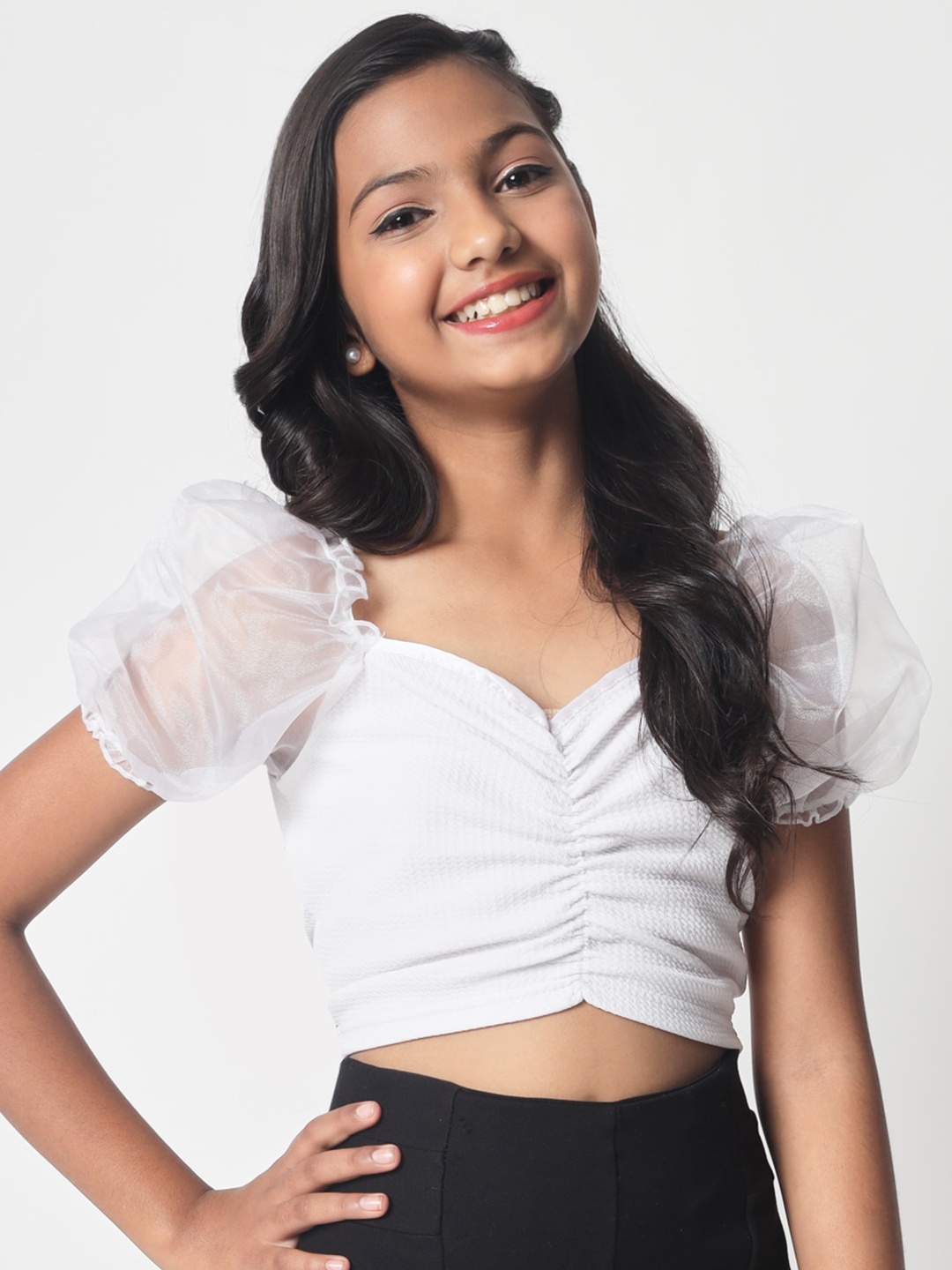 

studio rasa Girls Sweetheart Neck Puff Sleeve Ruched Crop Top, White