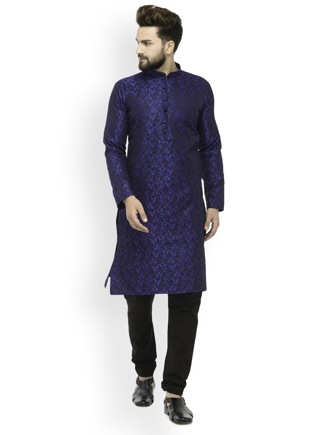 

Jompers Men Blue & Black Self Design Kurta with Churidar