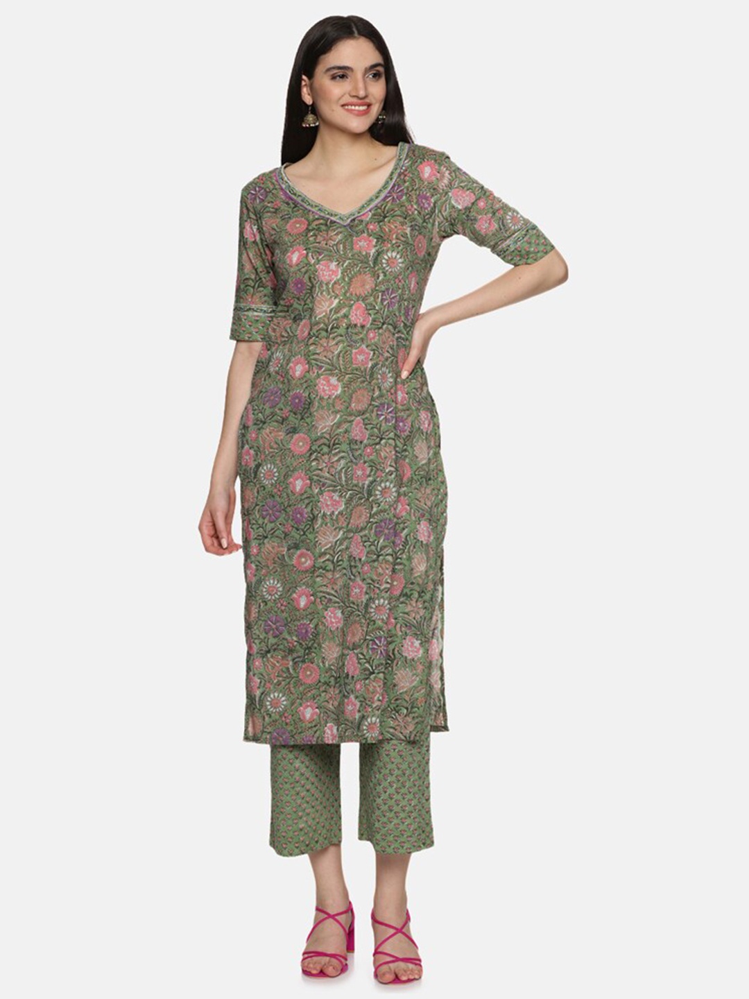 

JAIPURIBANNO Floral Printed V-Neck Pure Cotton Straight Kurta with Palazzos, Green