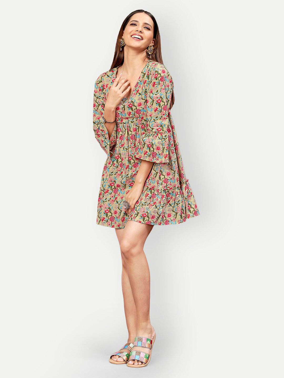 

DRESOUL Floral Printed V-Neck Cotton Fit & Flare Mini Dress, Cream
