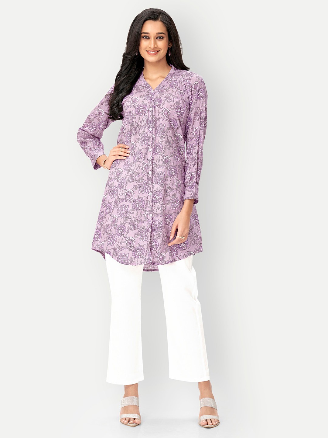 

DRESOUL Floral Print Cotton Shirt Style Longline Top, Purple