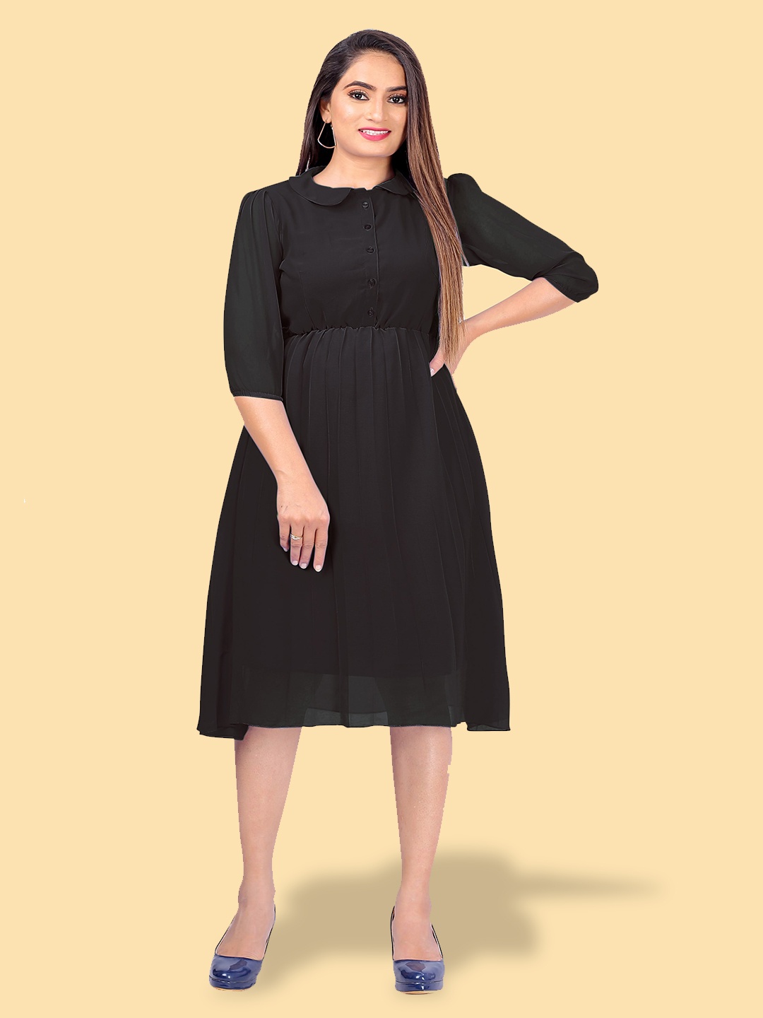 

Kiwie Peter Pan Collar Puff Sleeves Gathered Fit & Flare Dress With Belt, Black