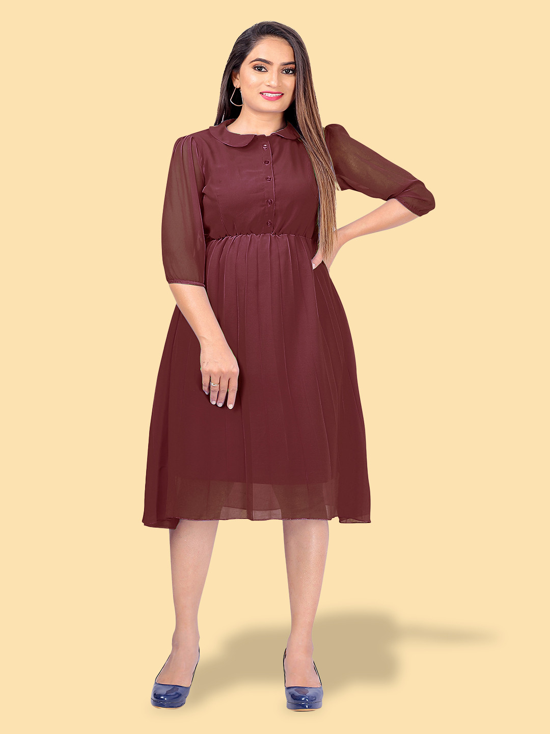 

Kiwie Peter Pan Collar Puff Sleeves Gathered Fit & Flare Dress With Belt, Maroon