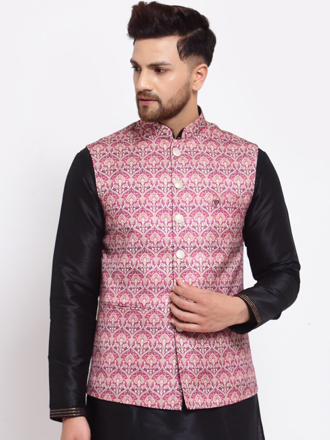 

MOHANLAL SONS Ethnic Woven Design Straight Nehru Jacket, Purple
