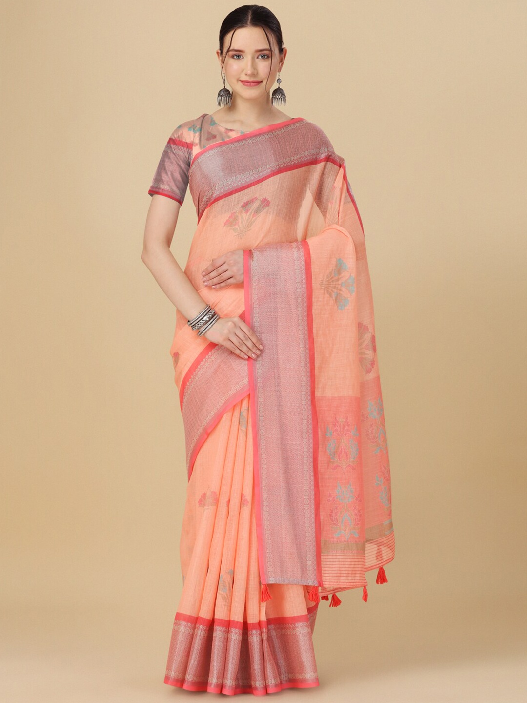 

FLOURIOUS Floral Printed Zari Pure Linen Banarasi Saree, Peach