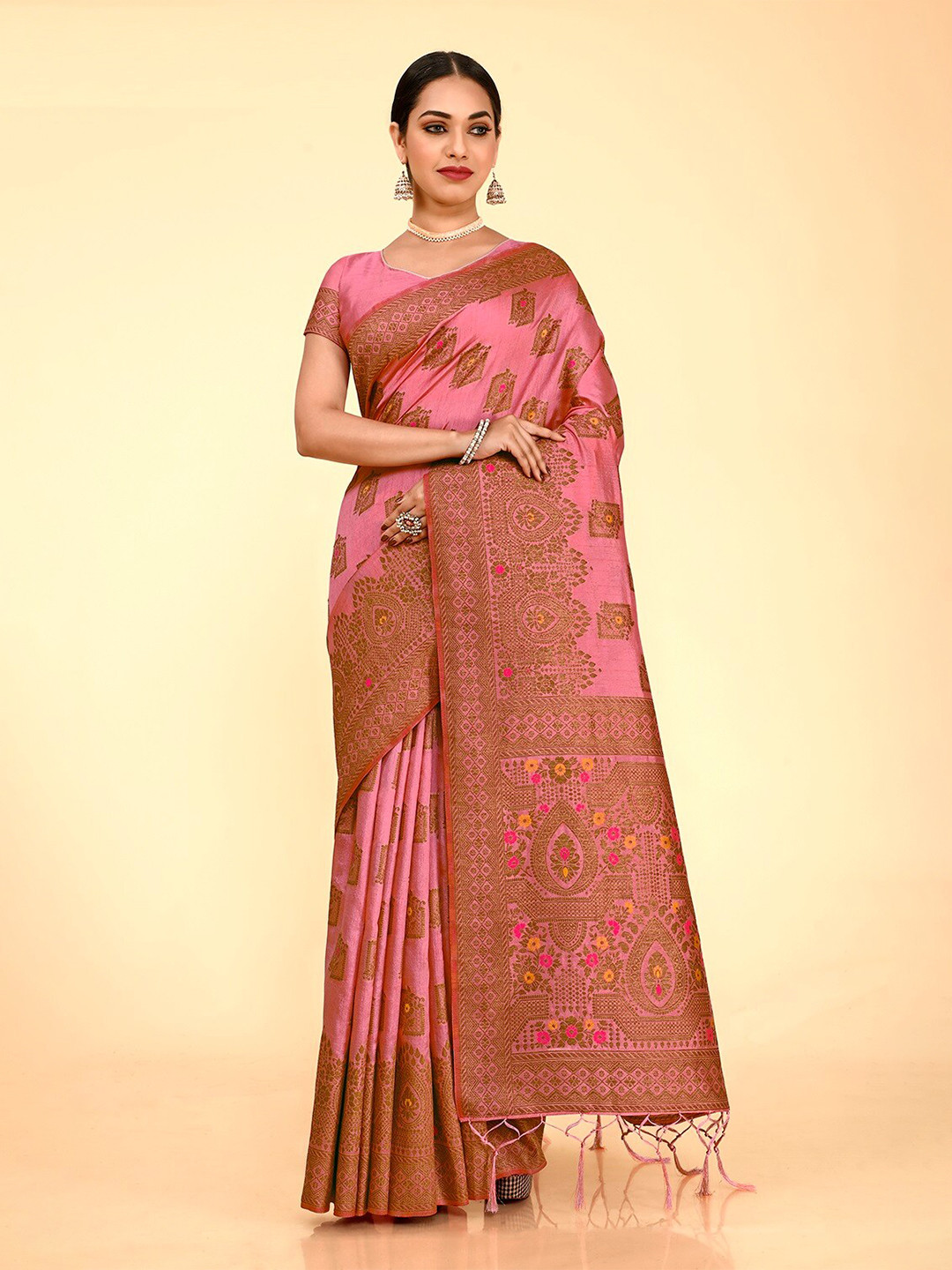 

FLOURIOUS Ethnic Motifs Woven Design Zari Pure Silk Banarasi Saree, Pink