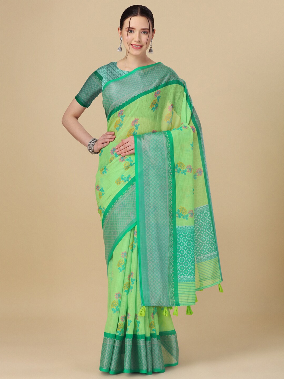 

FLOURIOUS Floral Printed Zari Pure Linen Banarasi Saree, Green