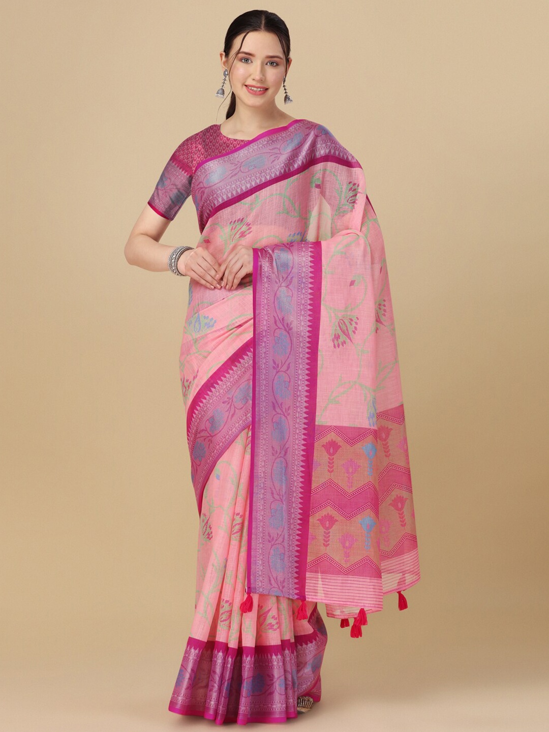 

FLOURIOUS Floral Printed Zari Pure Linen Banarasi Saree, Lavender