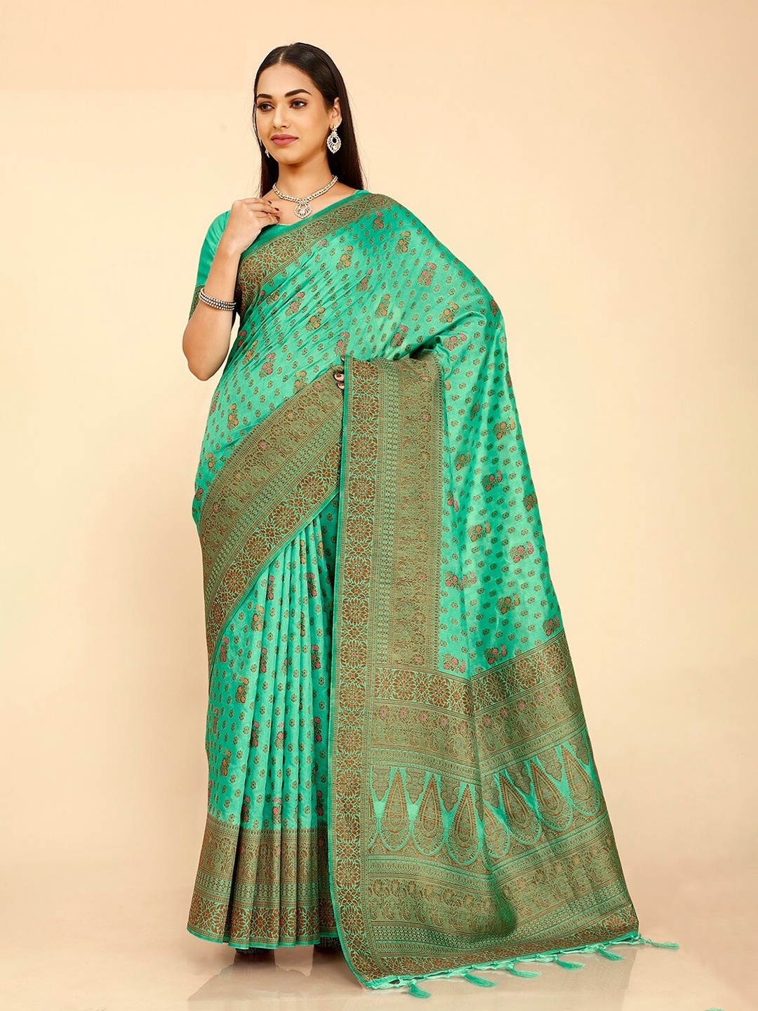 

FLOURIOUS Ethnic Motifs Woven Design Zari Pure Silk Banarasi Saree, Sea green