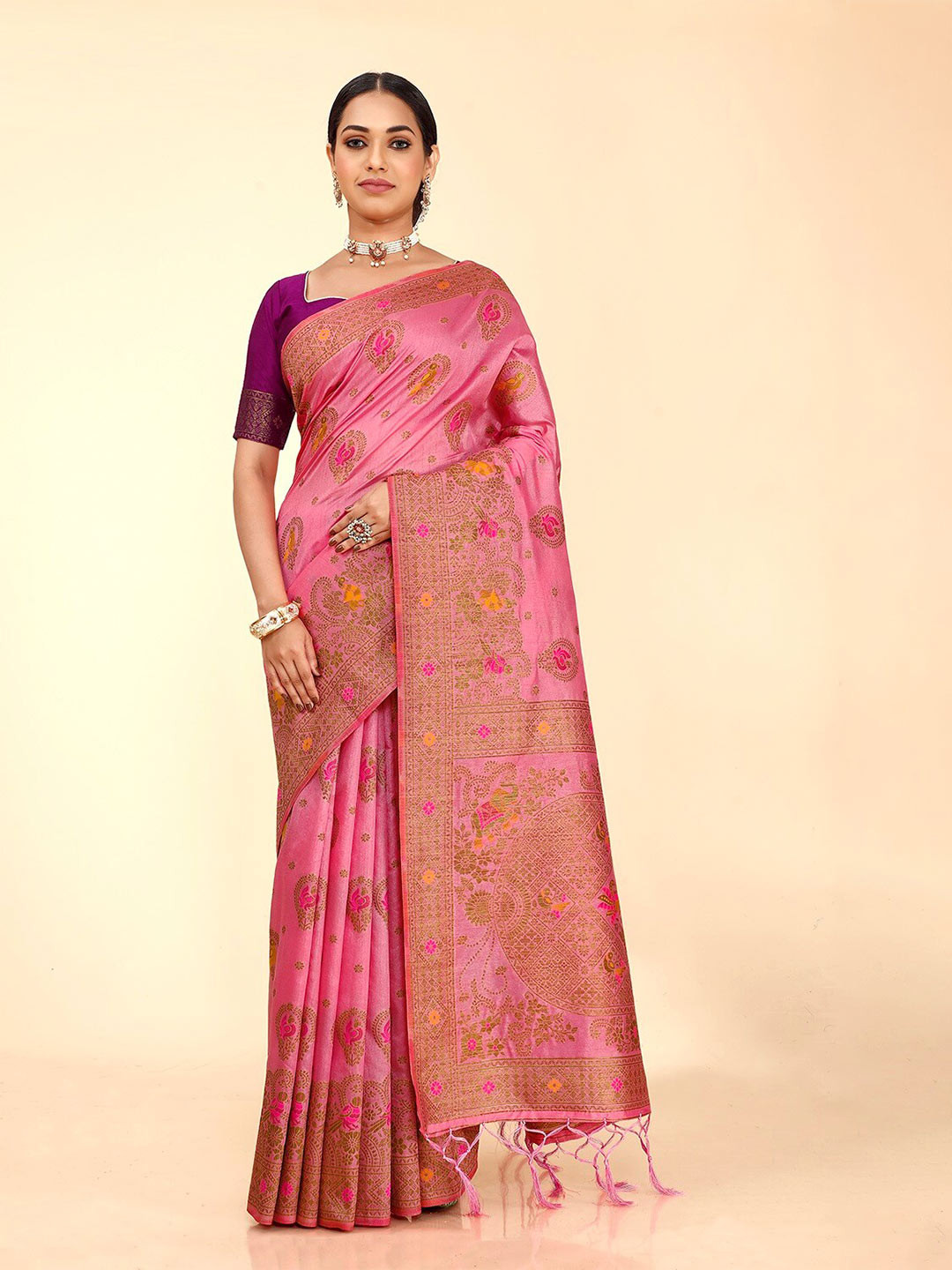 

FLOURIOUS Ethnic Motifs Woven Design Zari Pure Silk Banarasi Saree, Pink