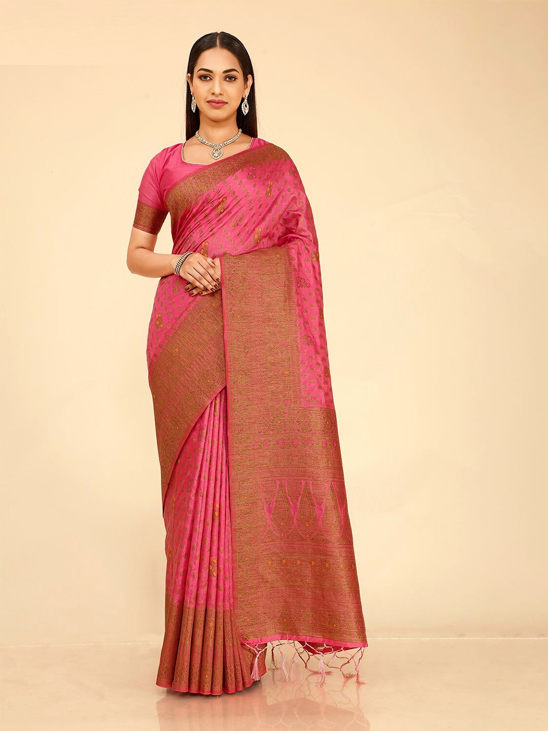 

FLOURIOUS Ethnic Motifs Woven Design Zari Pure Silk Banarasi Saree, Pink