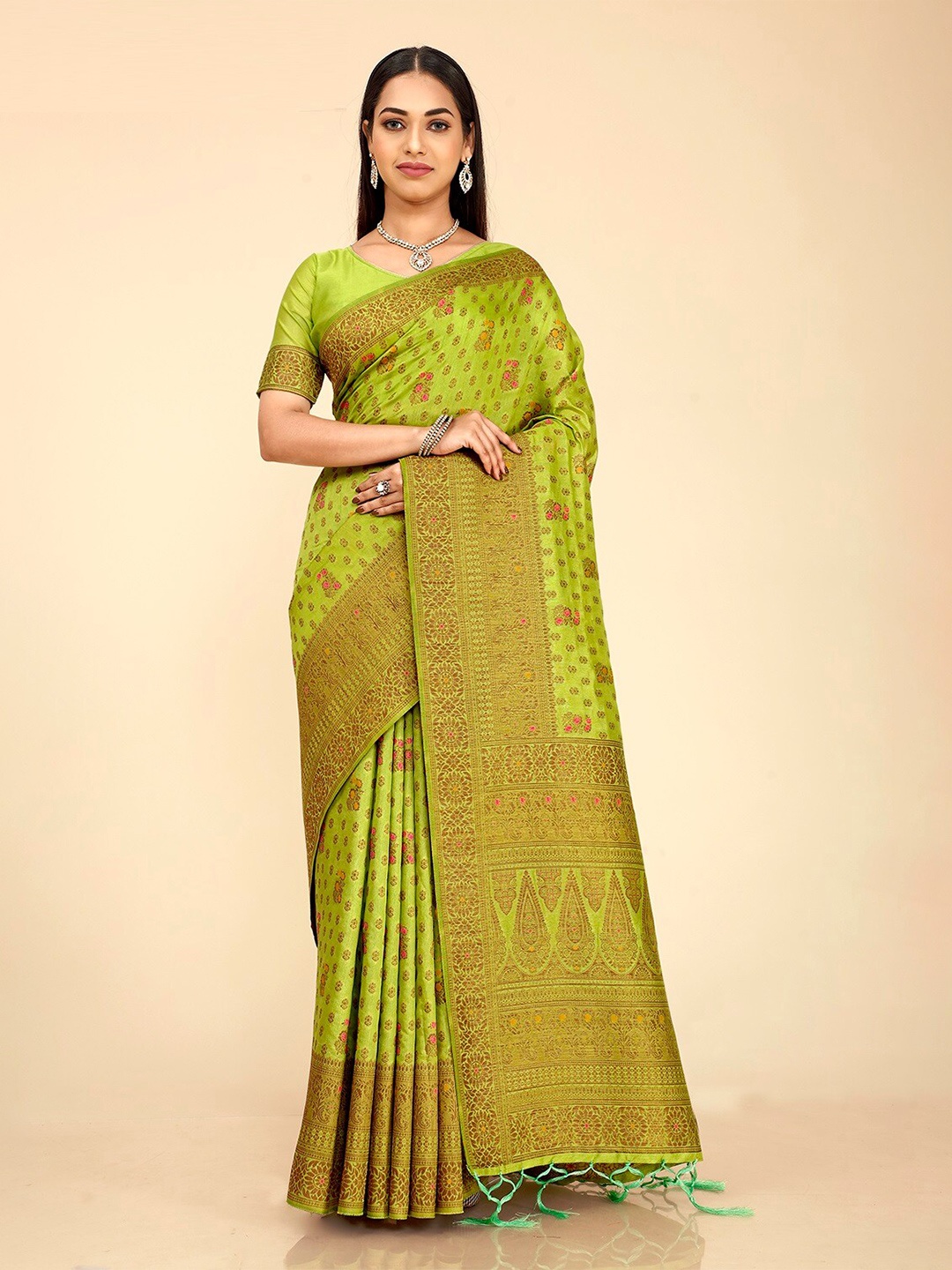 

FLOURIOUS Ethnic Motifs Woven Design Zari Pure Silk Banarasi Saree, Lime green