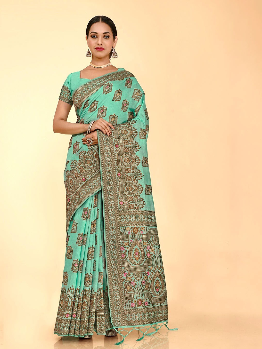 

FLOURIOUS Floral Woven Design Zari Pure Silk Banarasi Saree, Turquoise blue