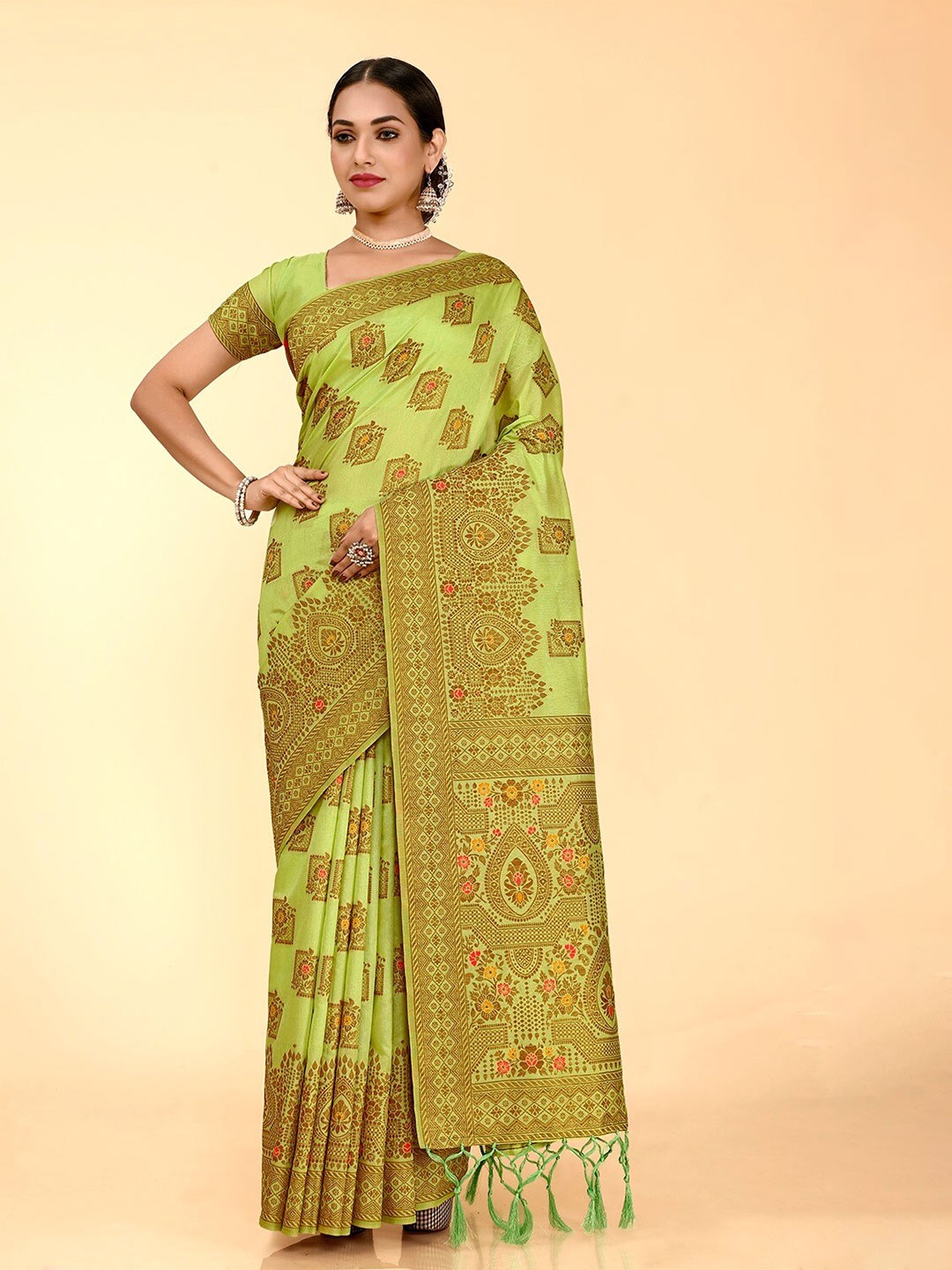 

FLOURIOUS Ethnic Motifs Woven Design Zari Pure Silk Banarasi Saree, Lime green