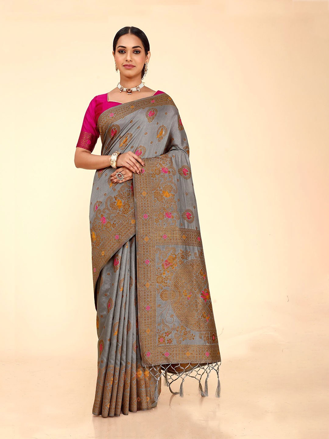 

FLOURIOUS Ethnic Motifs Woven Design Zari Pure Silk Banarasi Saree, Grey