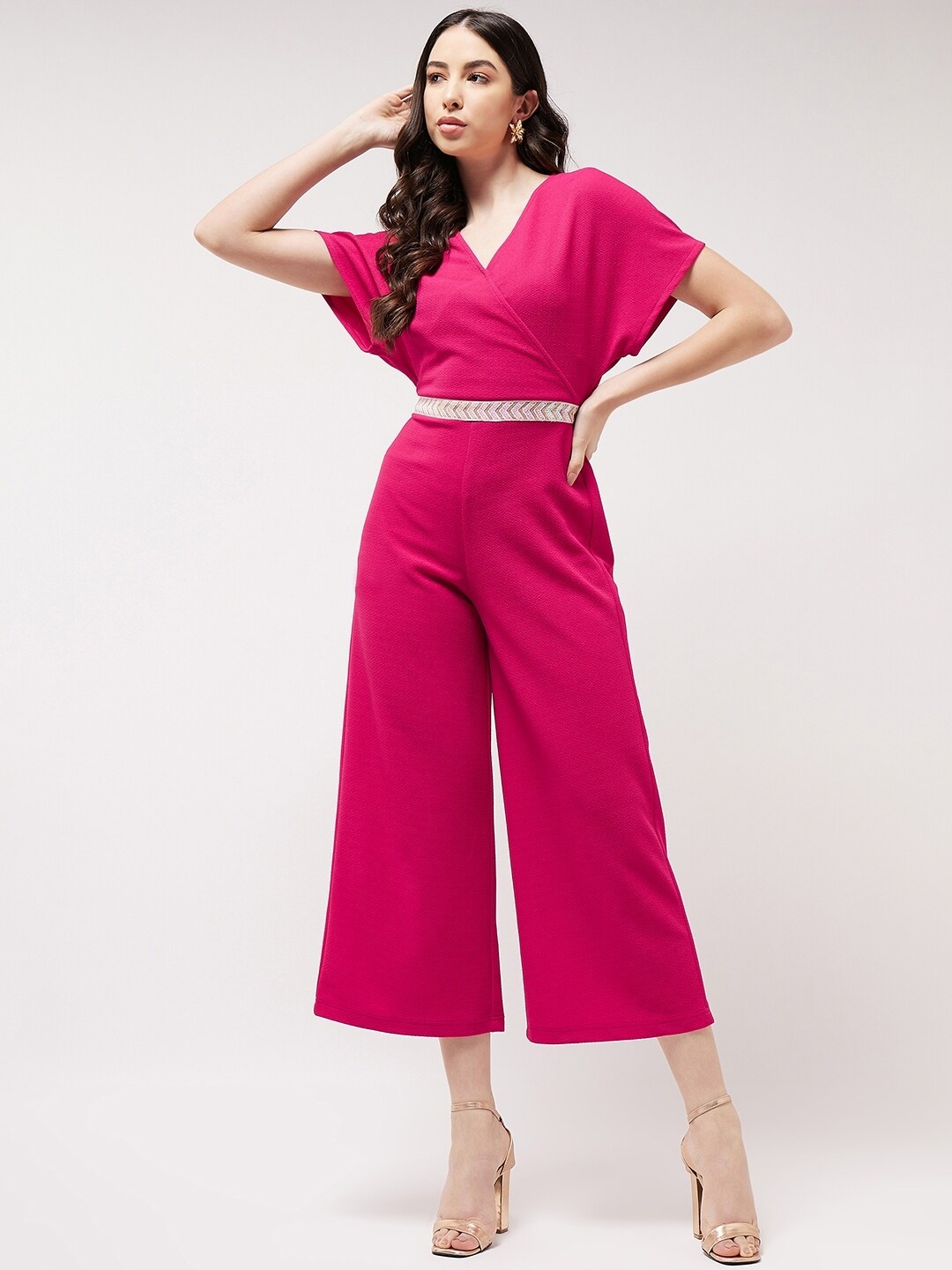 

Zima Leto V Neck Basic Jumpsuit, Pink