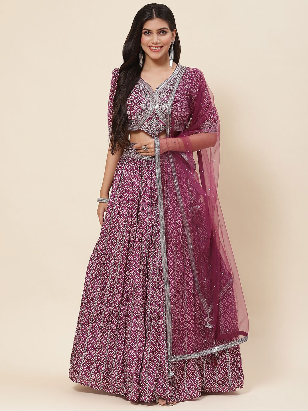 

Meena Bazaar Ethnic Printed Sequinned Ready to Wear Lehenga & Blouse With Dupatta, Burgundy