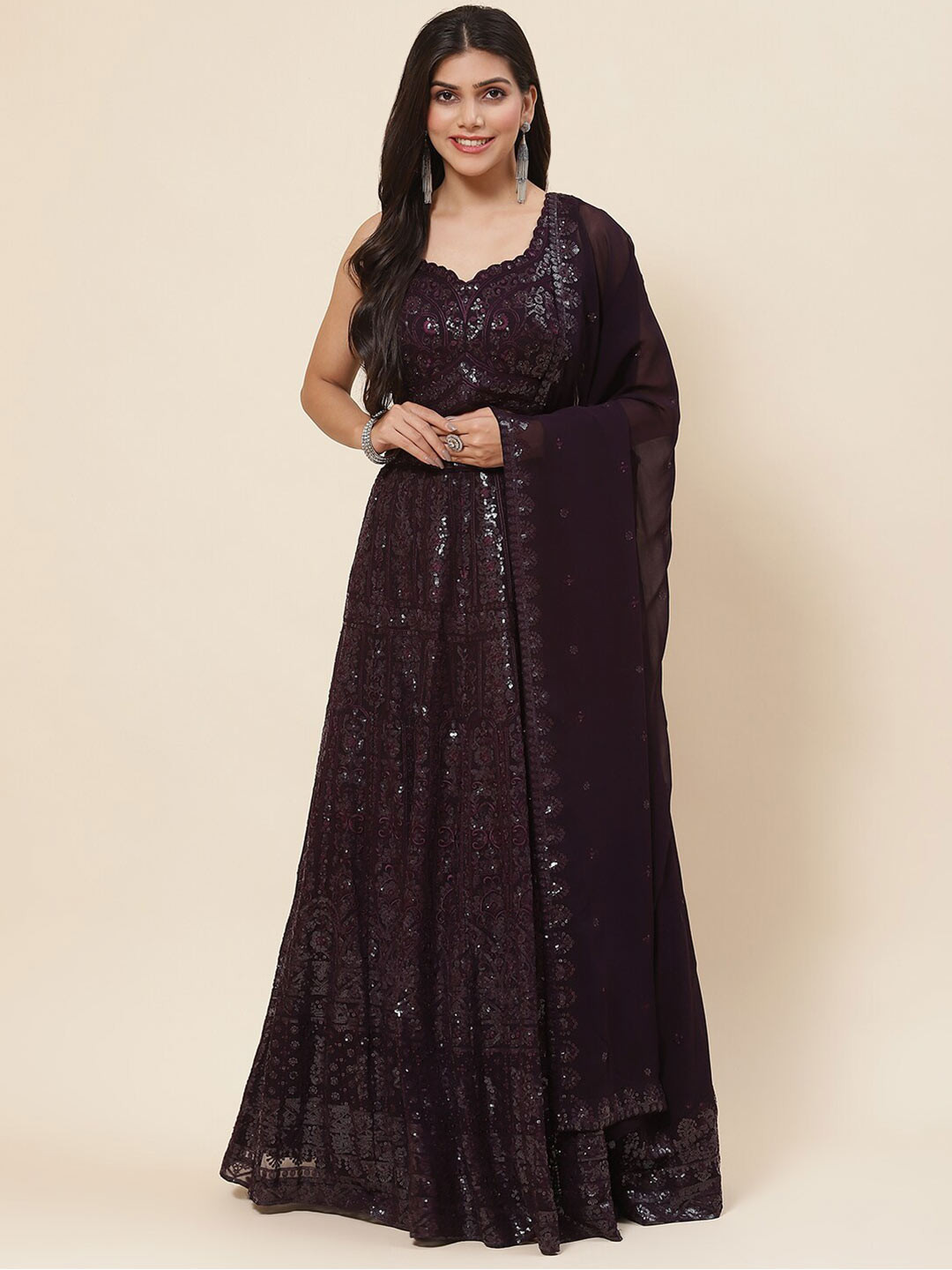 

Meena Bazaar Embellished Sequined Ready to Wear Lehenga & Blouse With Dupatta, Burgundy