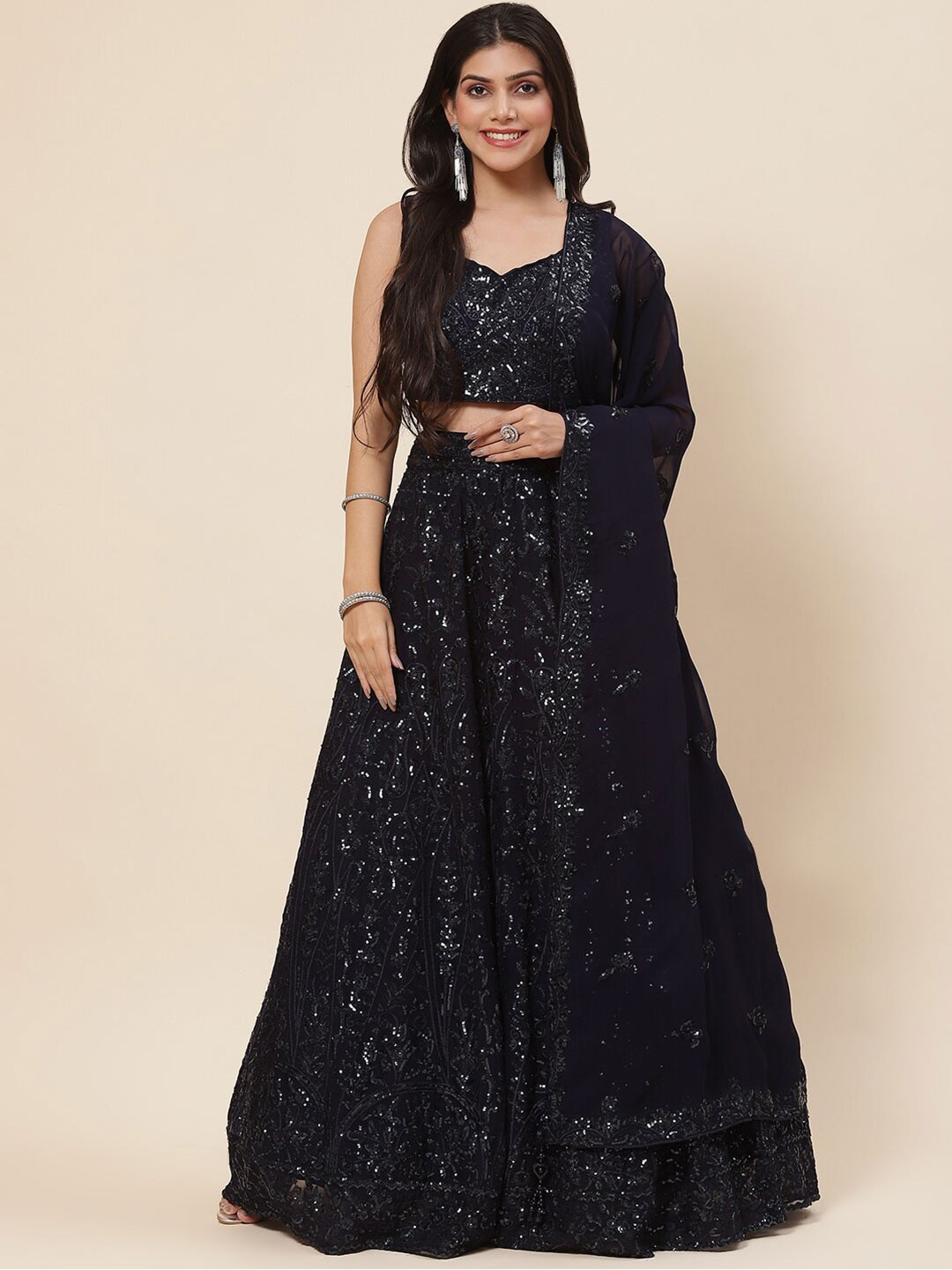 

Meena Bazaar Sequinned Ready to Wear Lehenga & Blouse With Dupatta, Navy blue