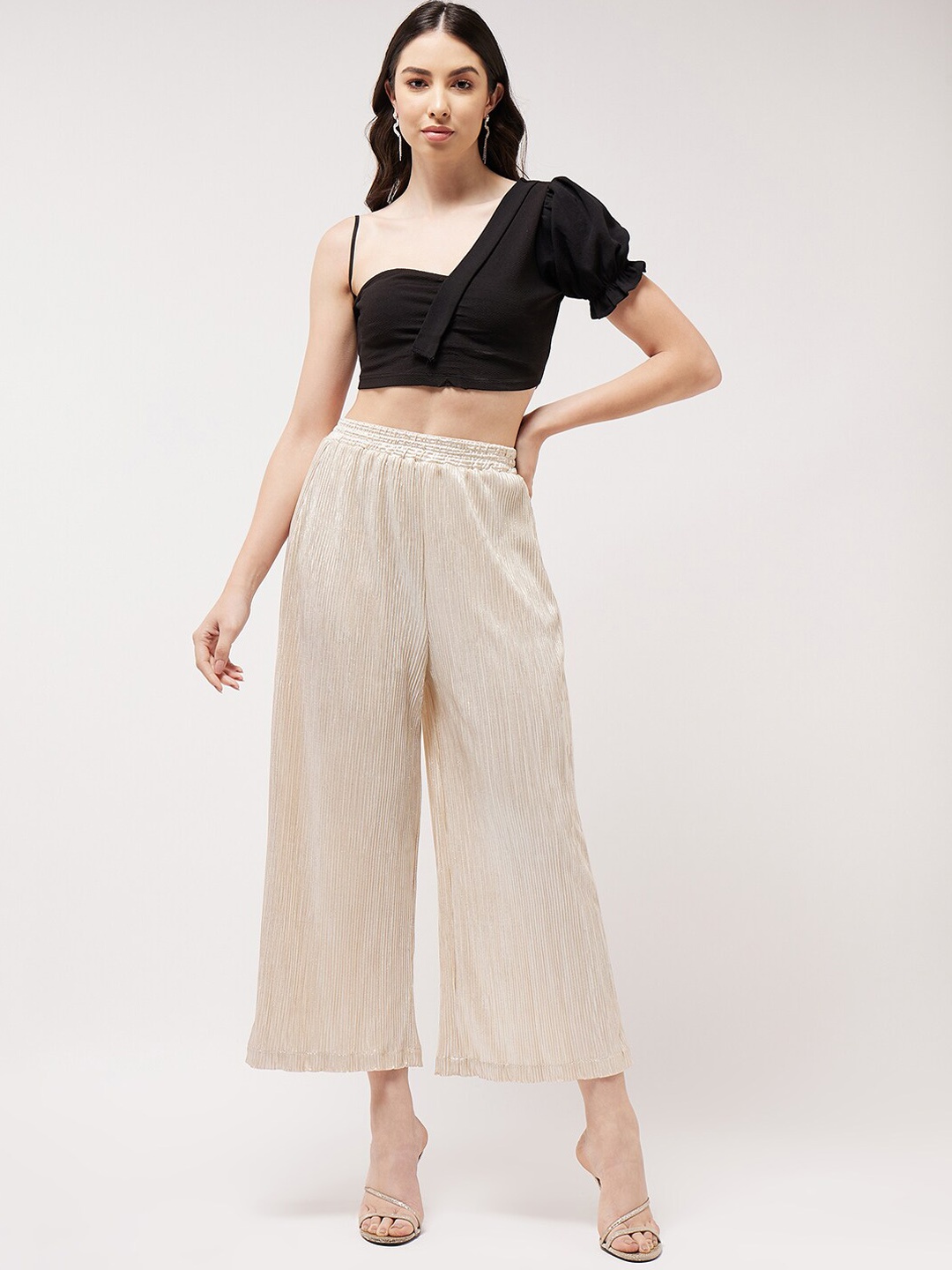 

Zima Leto One Shoulder Crop Top With Shimmer Pleated Trouser Pant, Black