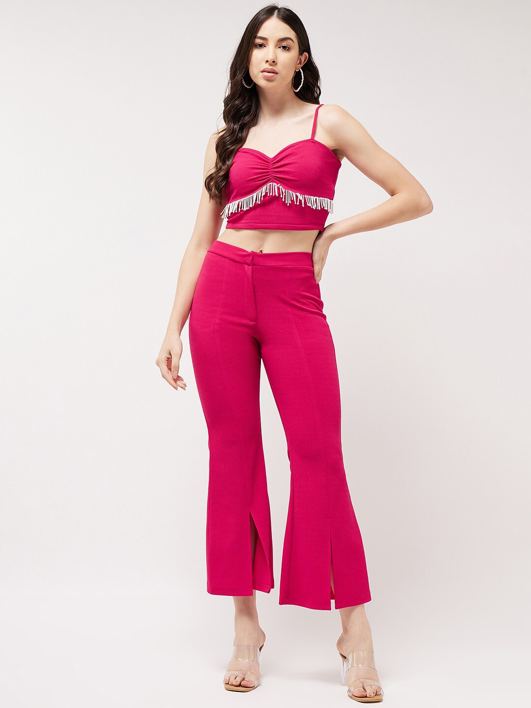 

Zima Leto Shoulder Straps Crop Top With Bootcut Trousers, Pink