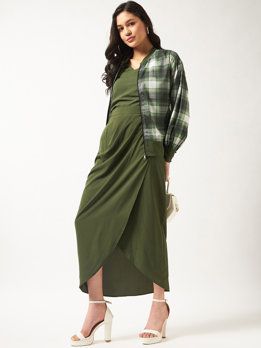 

Zima Leto Top & Wrap Skirt With Checked Printed Loose Jacket, Olive