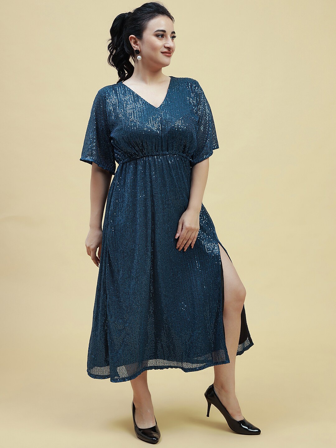 

Curvy Lane Embellished Flared Sleeves Sequinned Fit & Flare Midi Dress, Blue