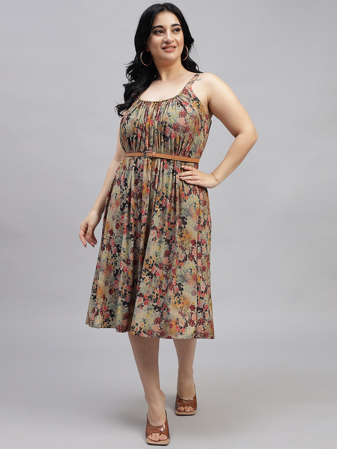 

Curvy Lane Floral Printed Shoulder Straps Gathered Detail Fit & Flare Midi Dress, Olive