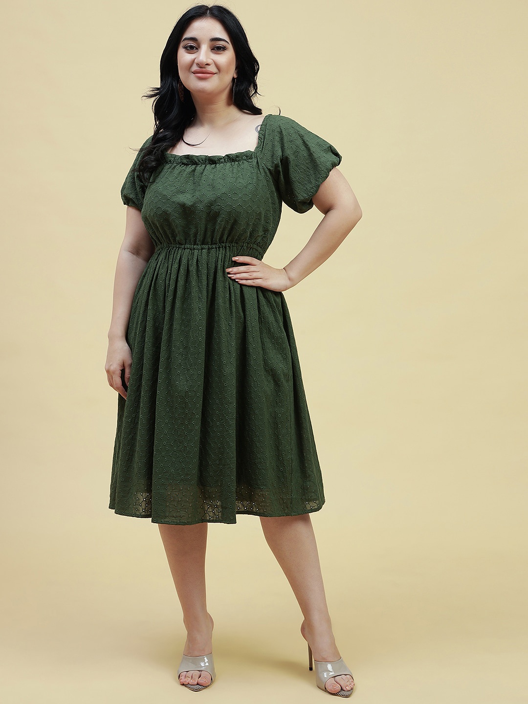 

Curvy Lane Plus Size Square Neck Puff Sleeves Gathered Detail A-Line Midi Dress, Green