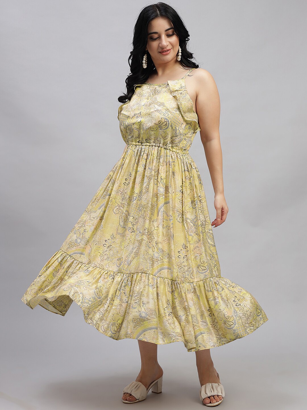 

Curvy Lane Ethnic Motifs Printed Shoulder Straps Gathered Detail Fit & Flare Midi Dress, Yellow