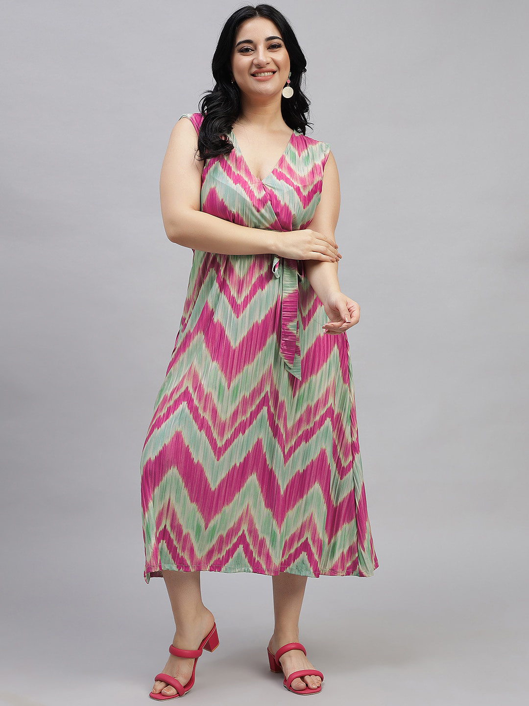 

Curvy Lane Plus Size Geometric Printed Sleeveless A-line Midi Dress, Pink