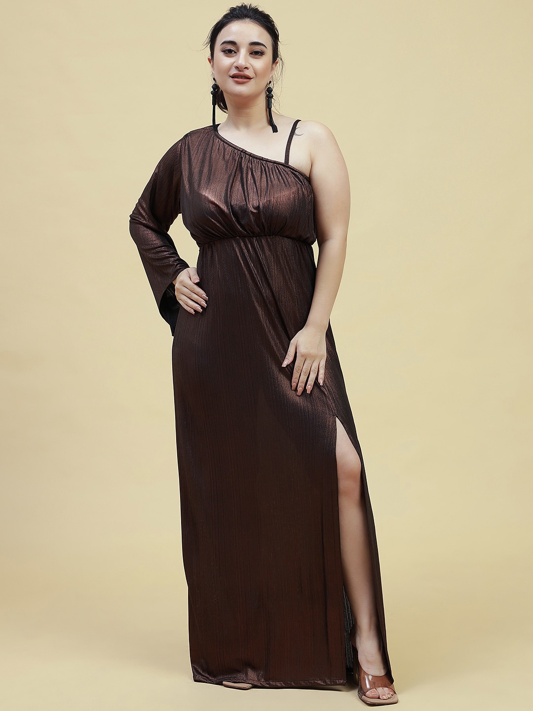 

Curvy Lane Plus Size Side Slitted Maxi Dress, Brown