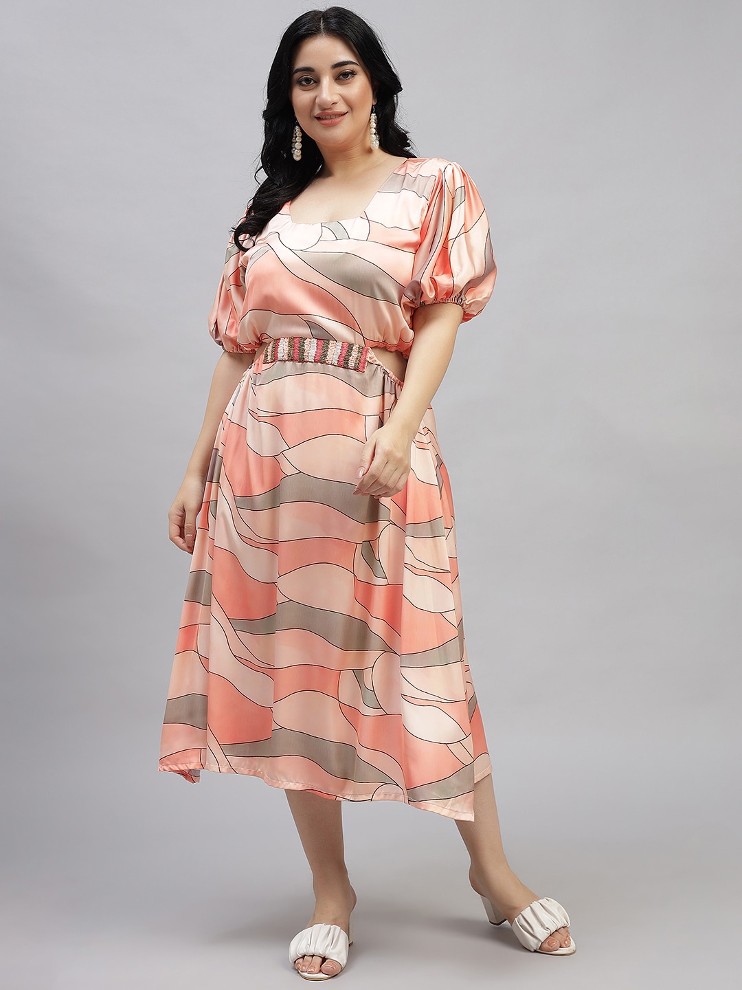 

Curvy Lane Abstract Printed Square Neck Puff Sleeves Cut-Outs Detail A-Line Midi Dress, Peach