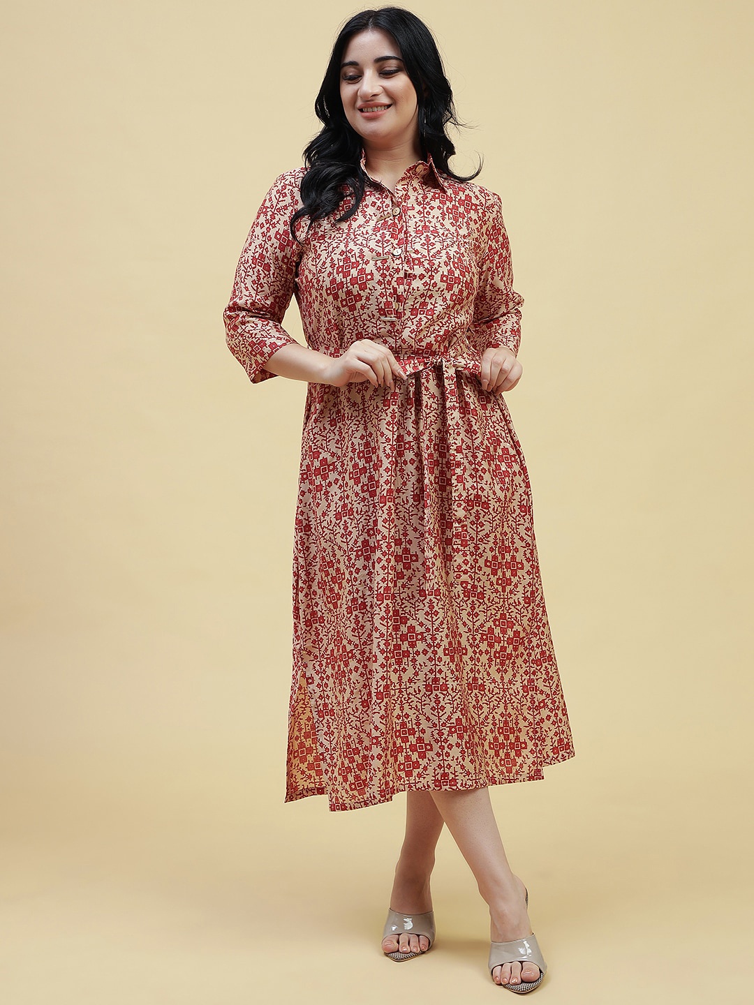 

Curvy Lane Plus Size Shirt Collar Geometric Printed Shirt Midi Dress, Cream